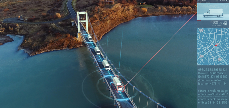 Camions connect&eacute;s traversant un pont suspendu